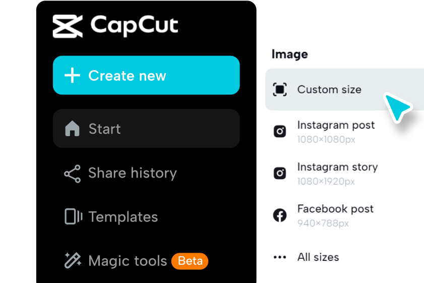 CapCut 'a erişin ve "+ Yeni oluştur" u seçin