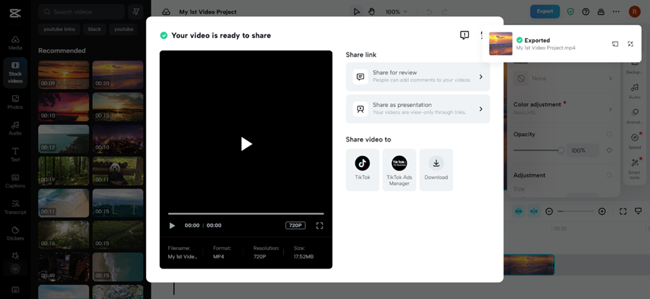 Export and share the video