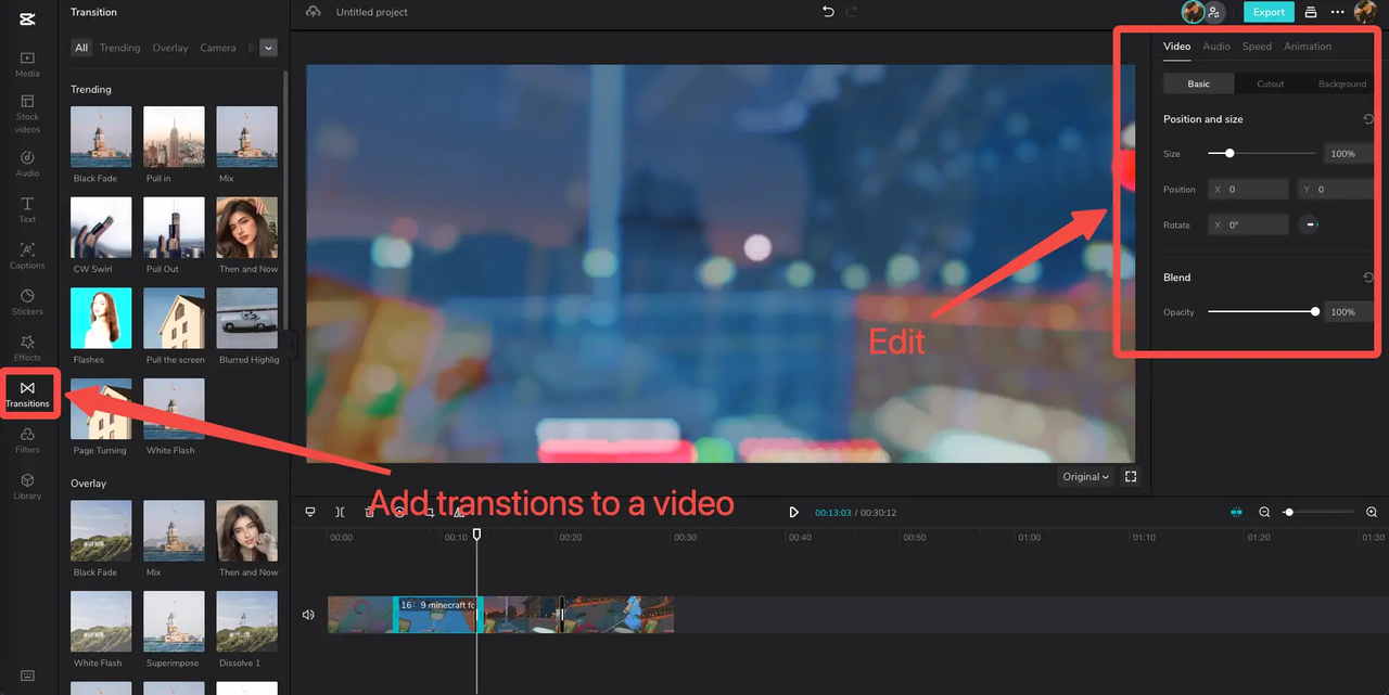 Adding transitions to a video