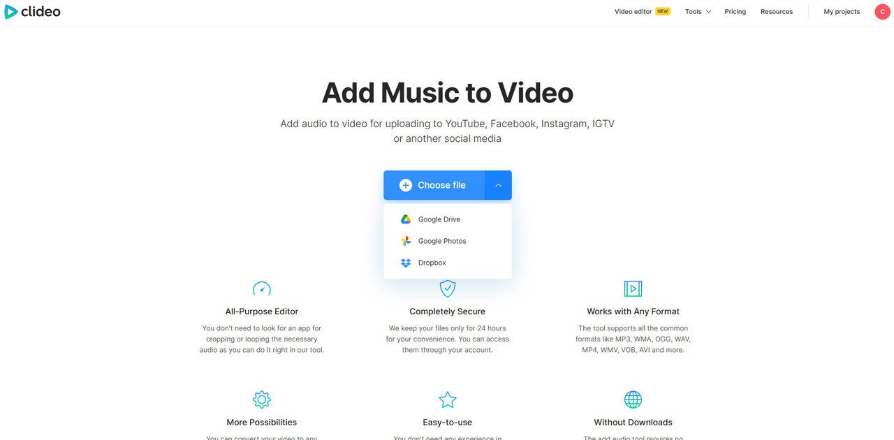 Clideo video audio editor - Step 1