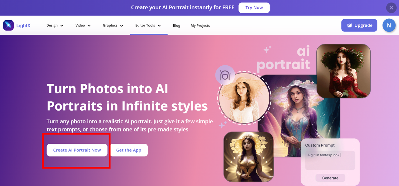 AI Portrait Apps Online - LightX Step1