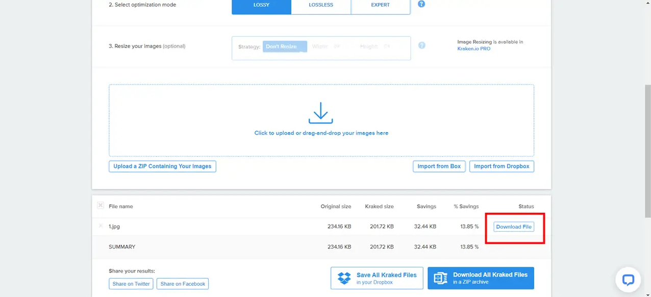 Kraken.io JPEG Online Compression Step 3