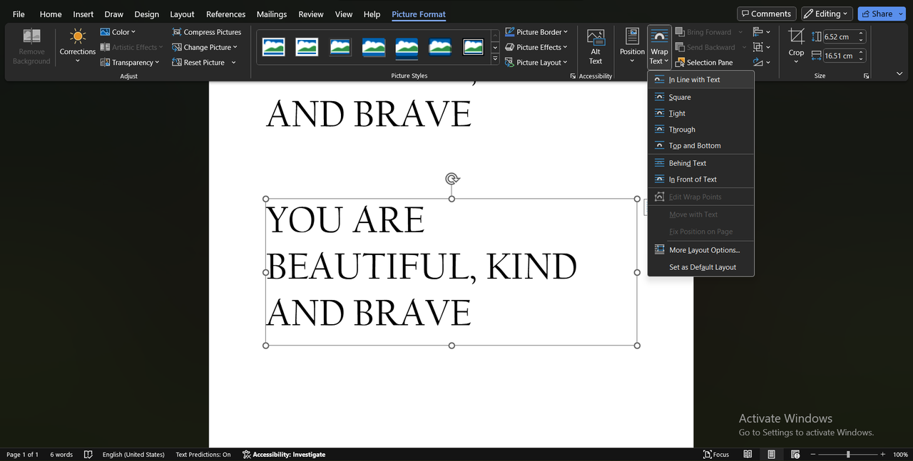 Screenshot of typographic design in Microsoft Word