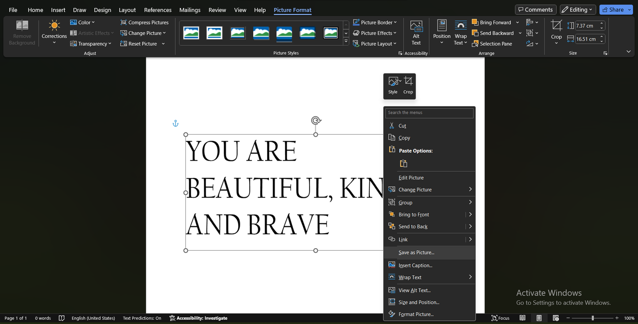 Save typographic design as picture in Microsoft Word