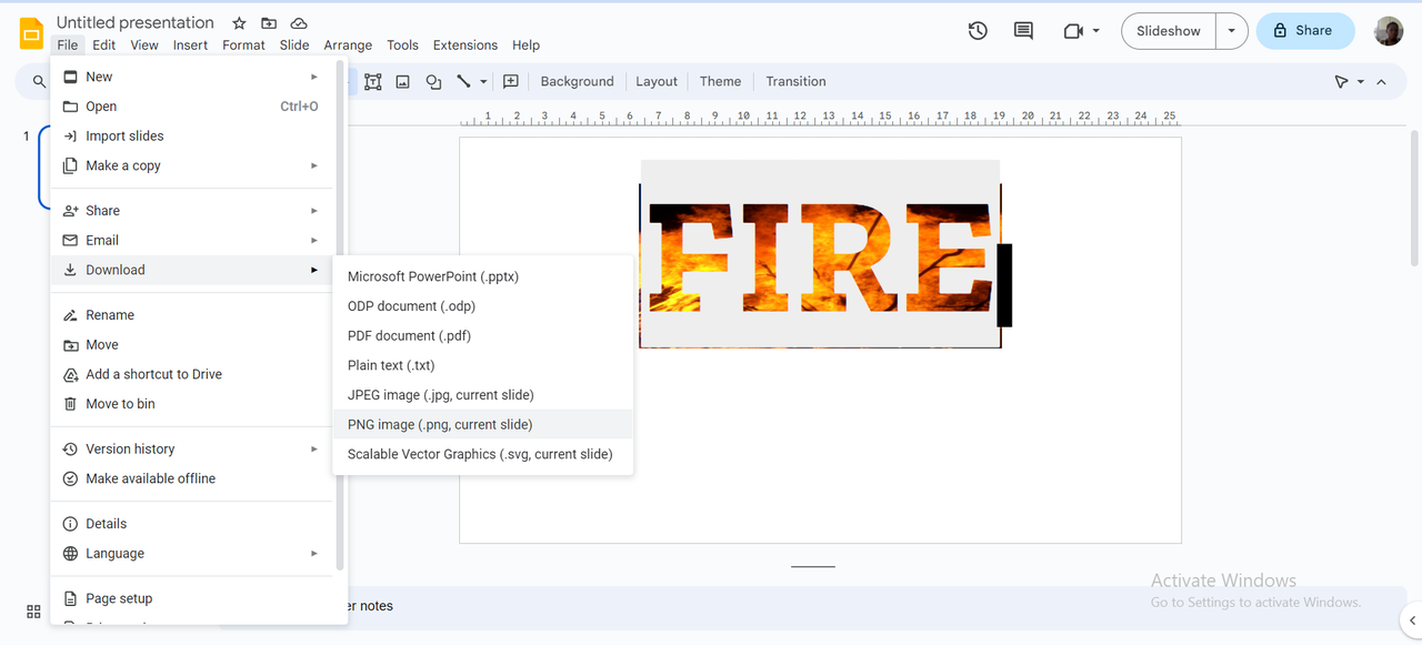 Download word photo in Google Slides