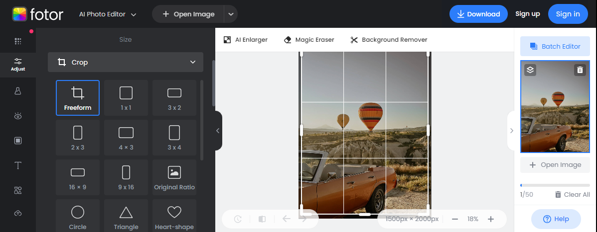 Fotor’s cropping feature interface