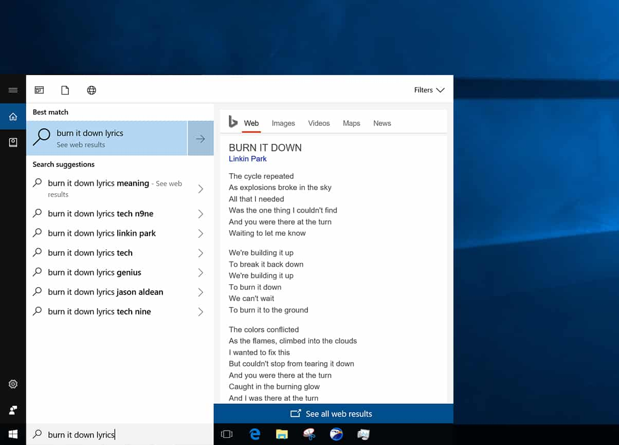 Find song with partial lyric search results on Cortana 