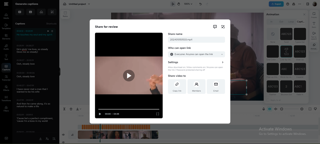 Share for review in CapCut online video editor