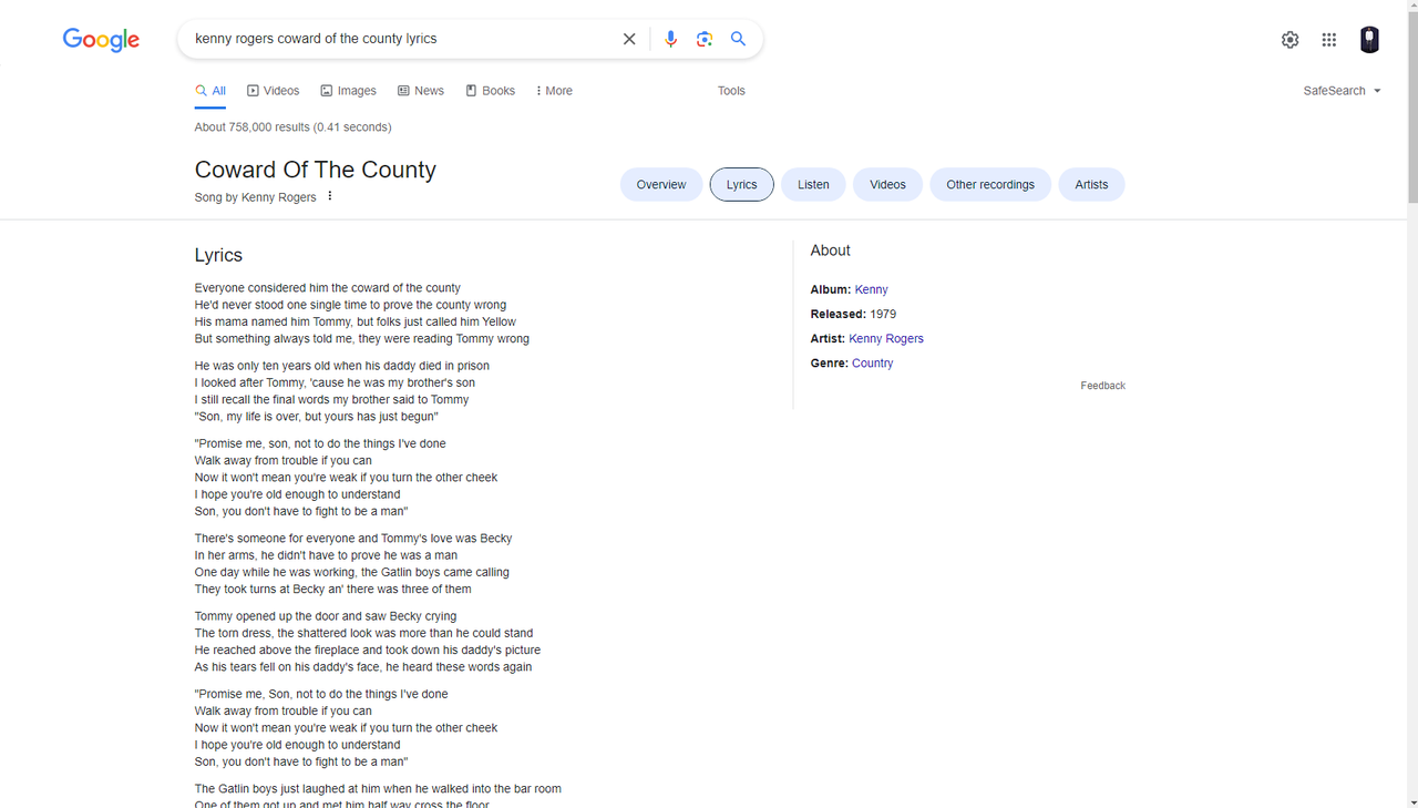Search song lyrics on Google