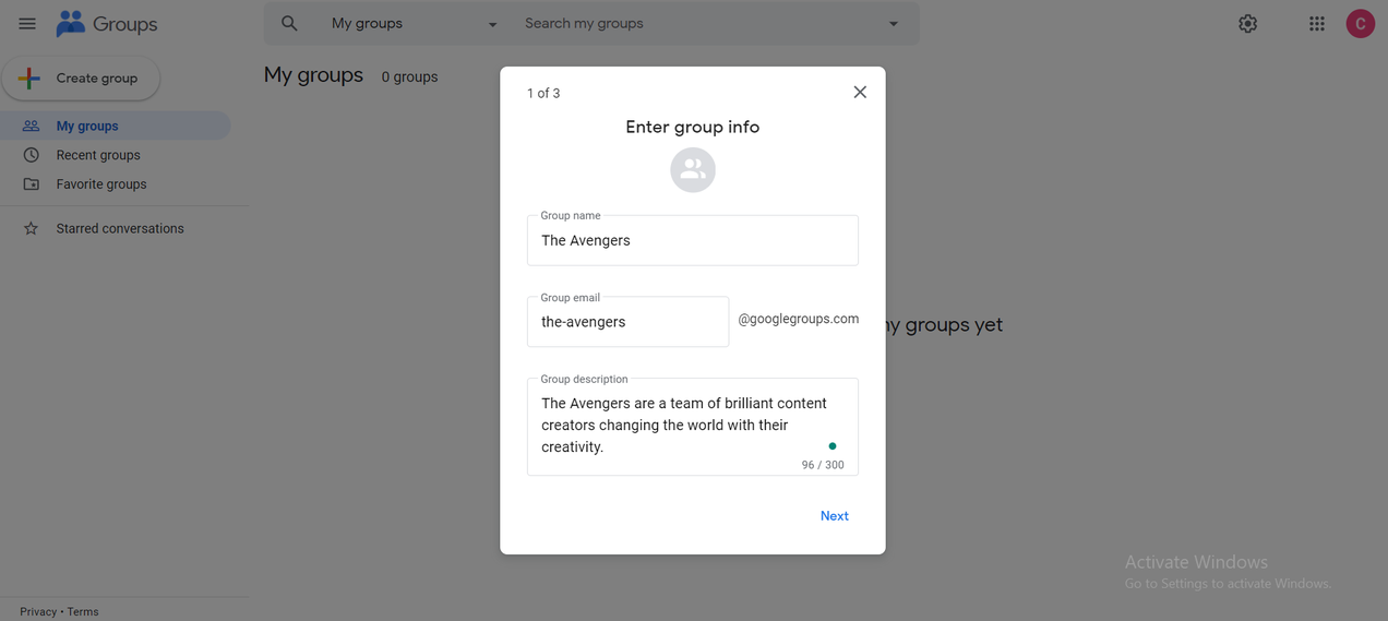 Enter information for Google Group