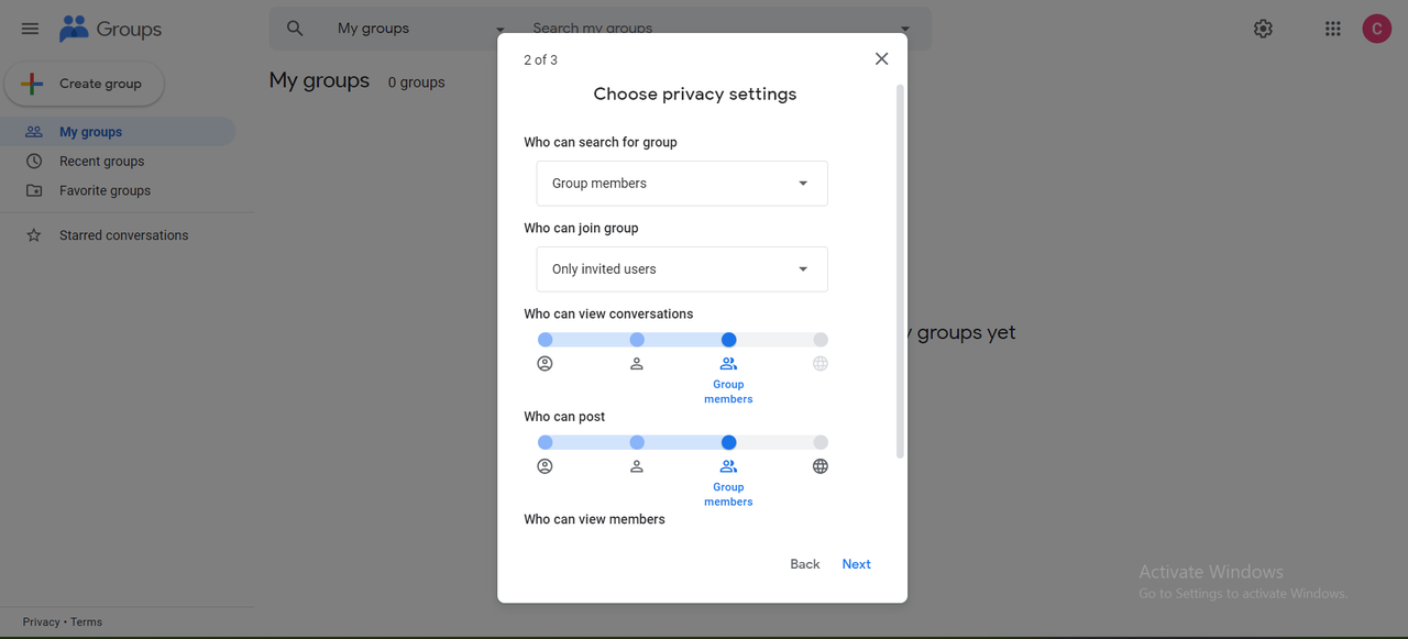 Edit privacy settings for Google Group