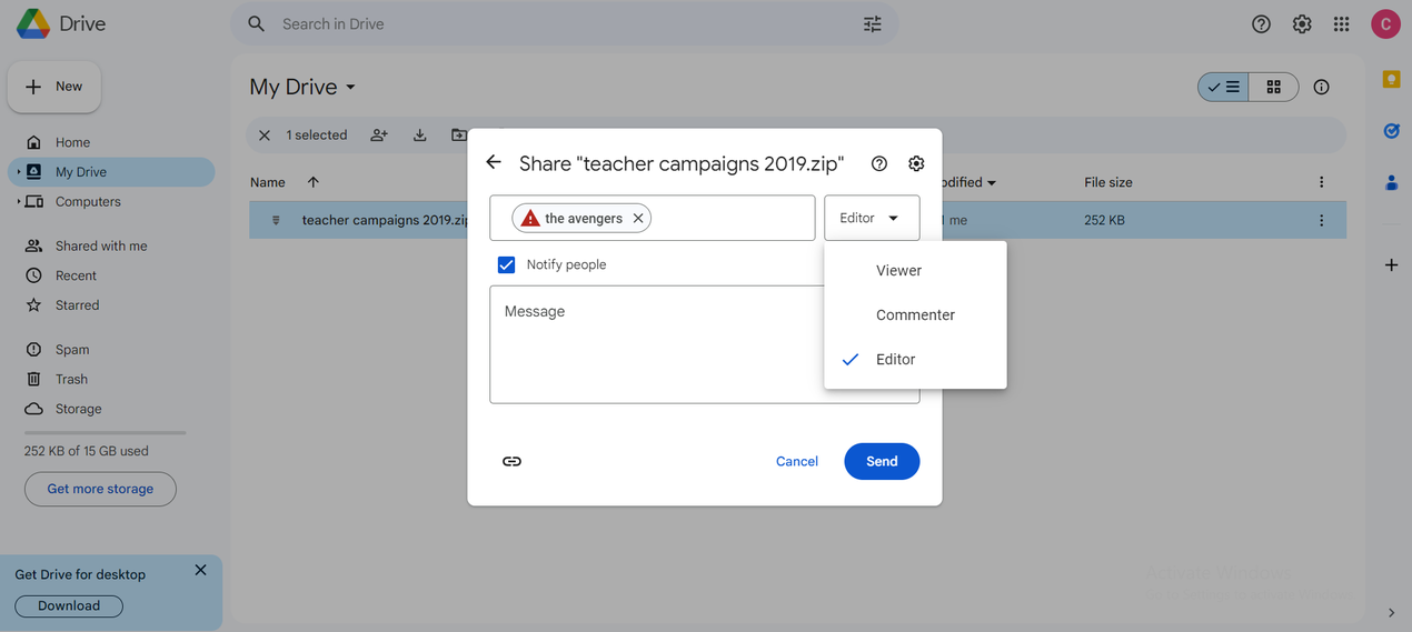 Assign group roles for shared file in Google Drive