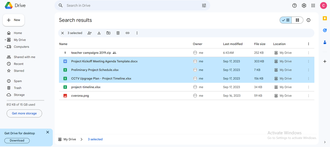 Select multiple documents in Google Drive