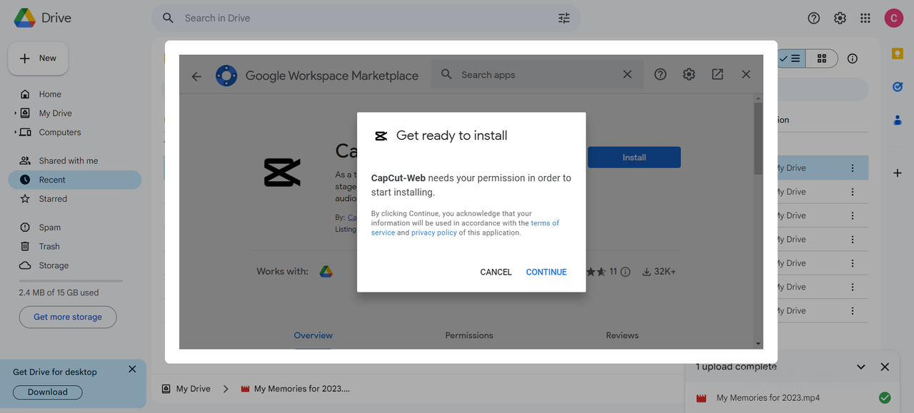 Install CapCut-web in Google Drive