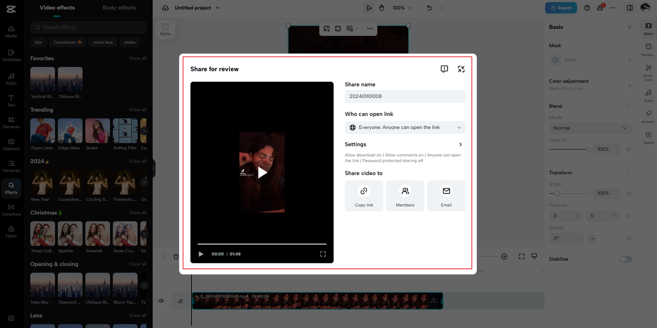 how to share a video for review from the CapCut online video editor