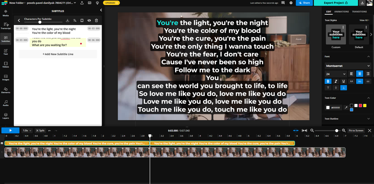how to add lyrics to video online free with Kapwing