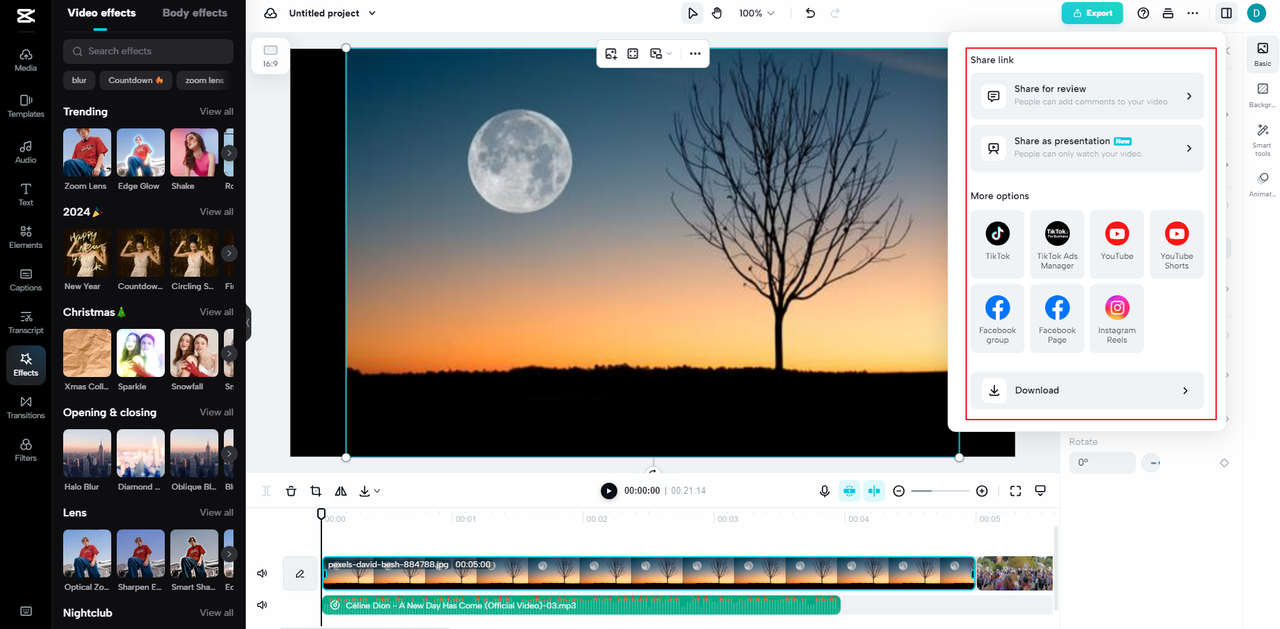 share video on social media, for review, or as a presentation using CapCut online video editor