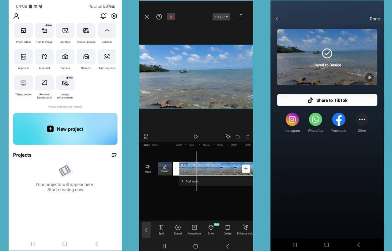 how to upload, edit, and export media on the CapCut mobile app