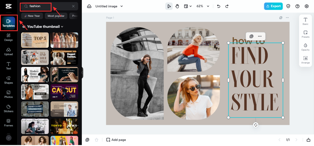 Pick a fashion template at CapCut online photo editor