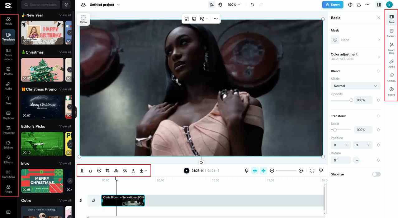 free media resources and video editing features on the CapCut online video editor