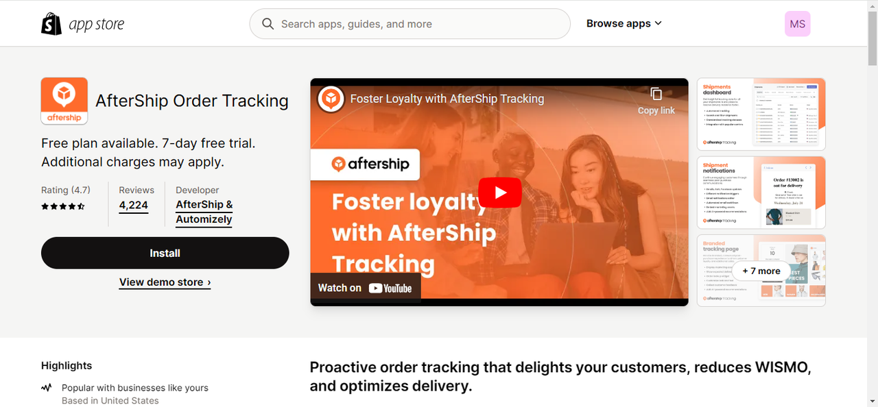 AfterShip Order Tracking's installation interface