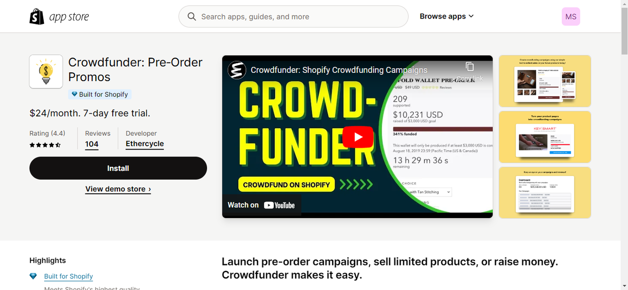 Crowdfunder: Pre‑Order Promos's installation interface