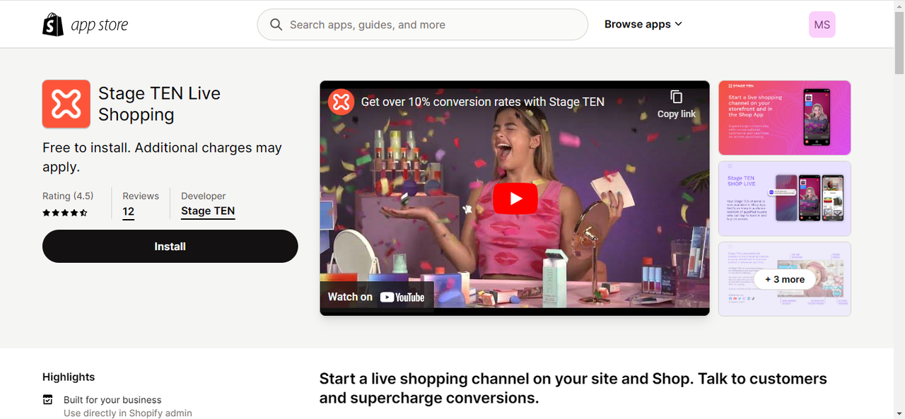 Stage TEN Live Shopping's installation interface