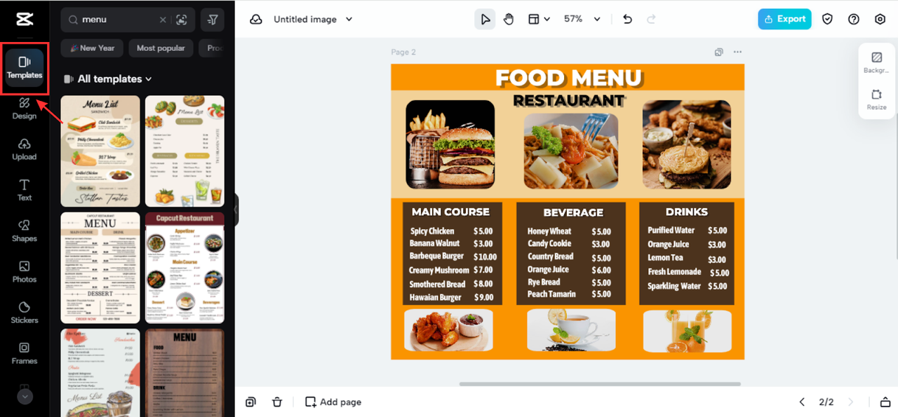 Choose a menu template