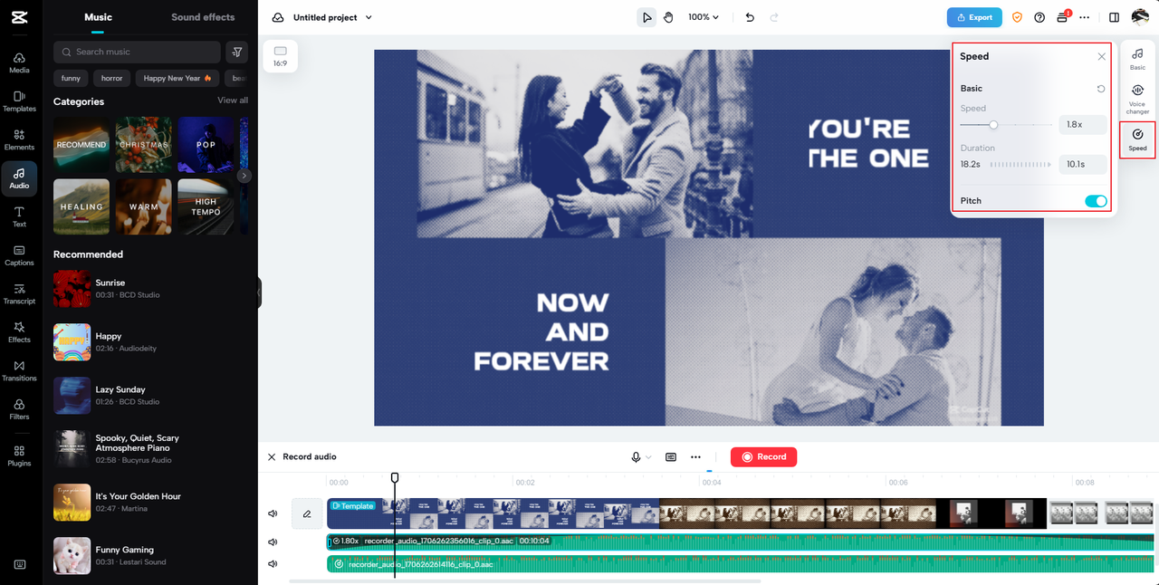 How to adjust audio speed and pitch on CapCut online video editor laptop sound recorder