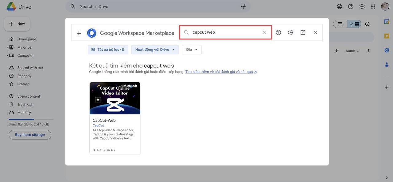 Integrate CapCut web with Google Drive before downloading video from Drive Google