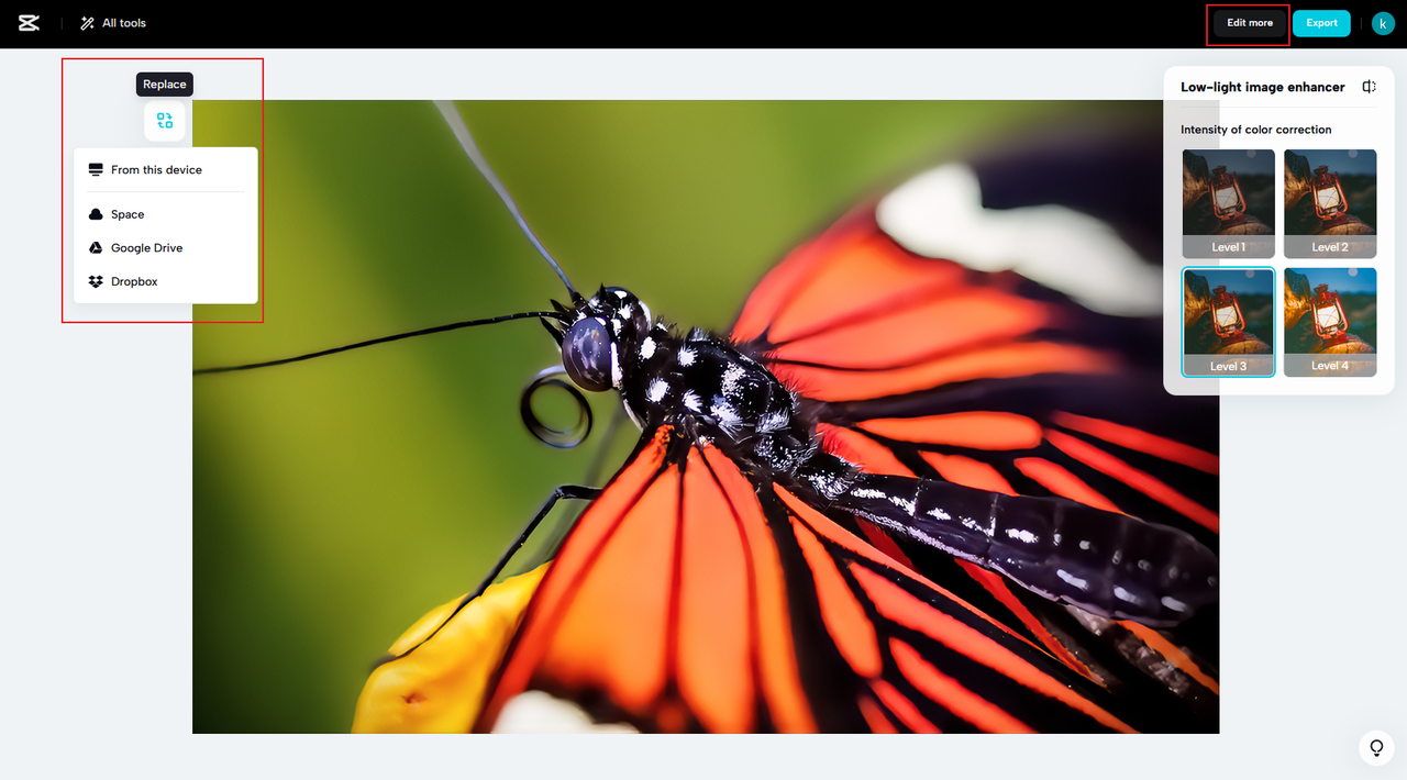 How to replace and image or edit more on CapCut low light image enhancer tool.