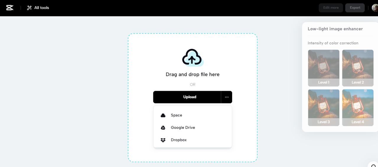 Upload image in CapCut low-light image enhancer