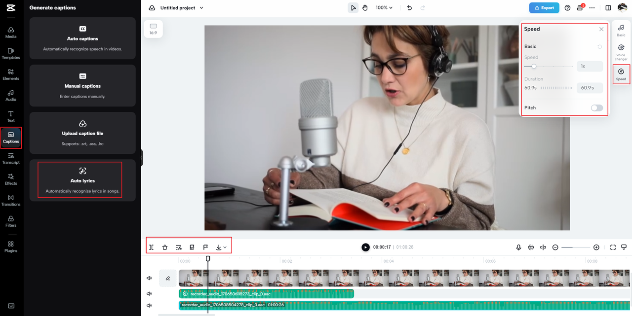 how to adjust playback speed and edit the recorded voice on the CapCut online video editor.