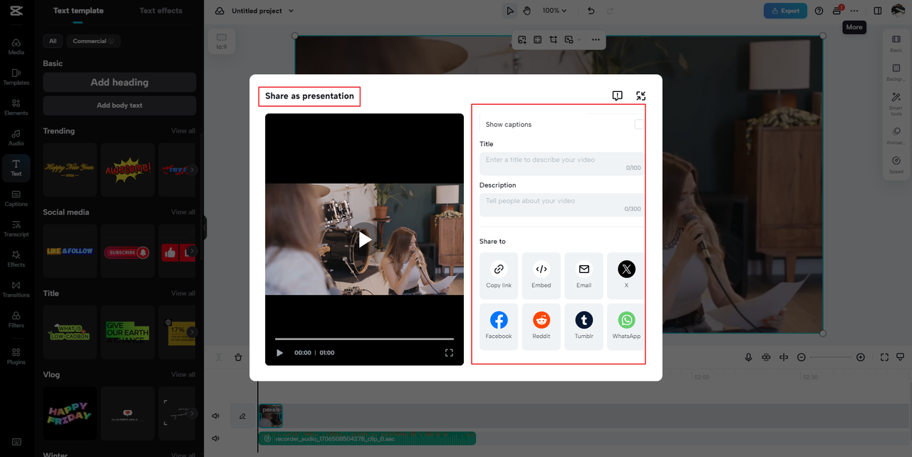 how to share media as a presentation from the CapCut online video editor