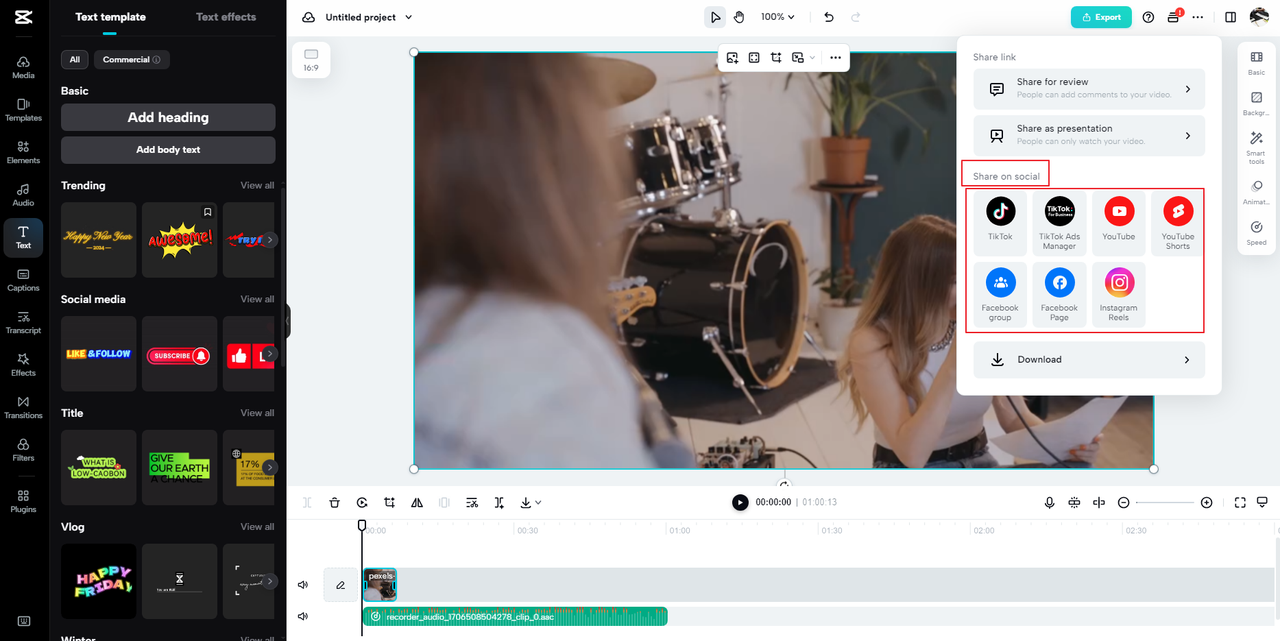how to share media directly on social media via the CapCut online video editor 