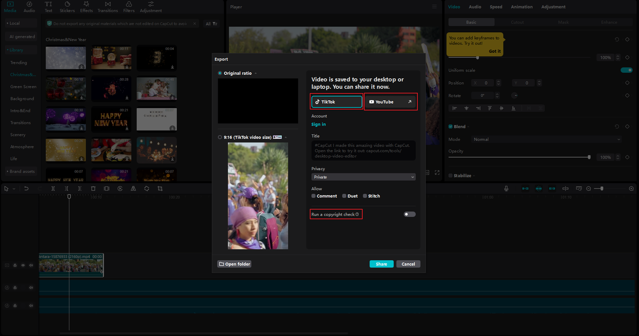 Share media to TikTok and YouTube from the CapCut desktop video editor's voice recorder for Windows.