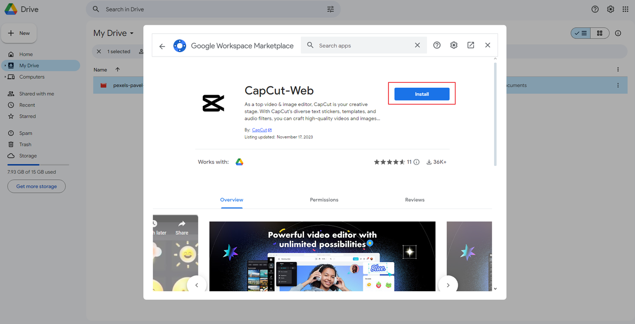 How to install CapCut-Web extension to the Google Drive app