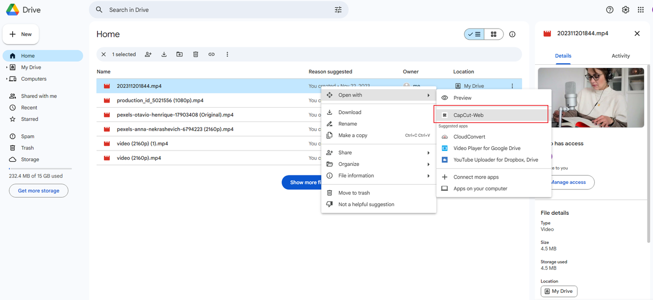 How to open Google Drive app video with CapCut-Web extension. 