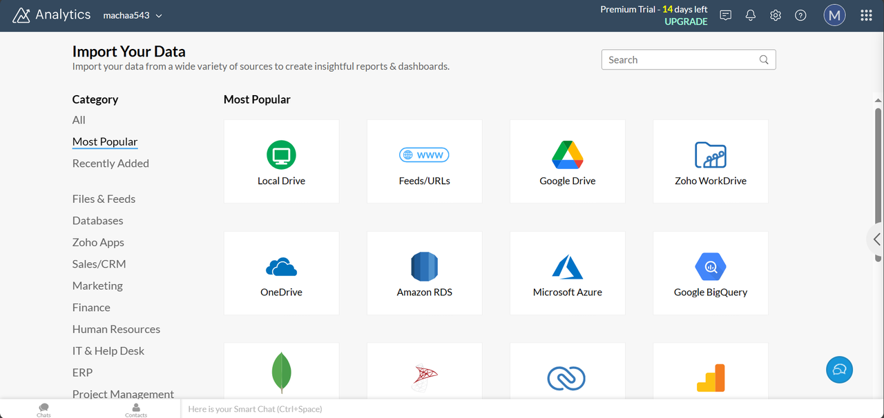 Zoho Analytics data import page. 