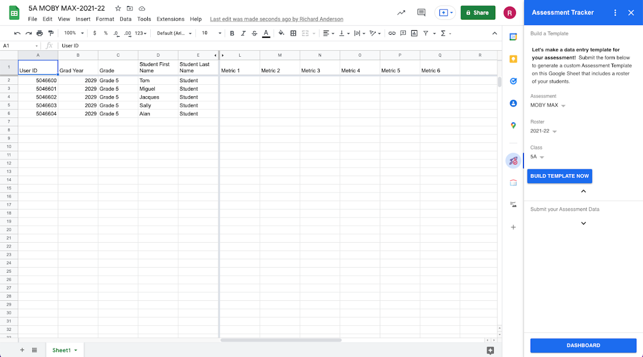 Assessment Tracker add-on in Google Sheets and app's integration with Google Drive. 