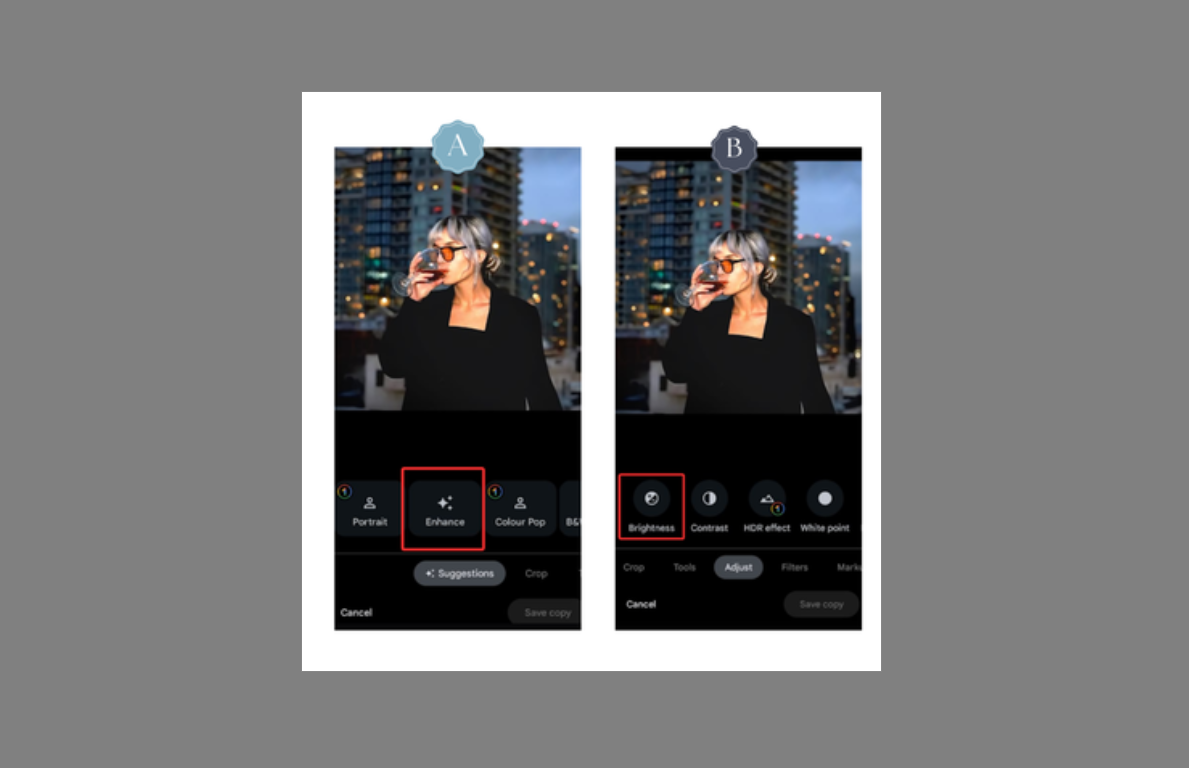 Brightness adjustment in Google photos