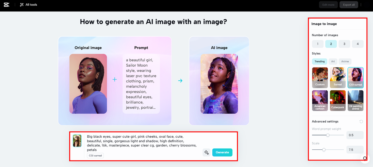 add text prompt, customize style and numebr of images