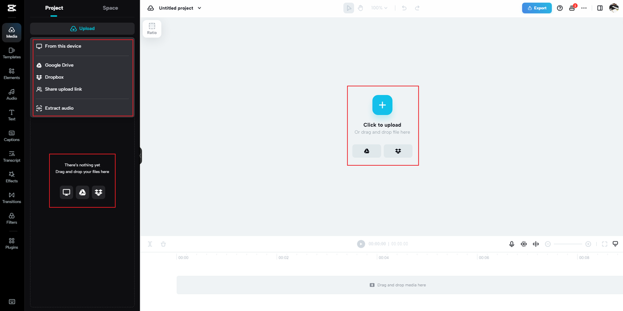 How to upload media to CapCut from a device, Google Drive, Dropbox, link sharing, or audio extraction