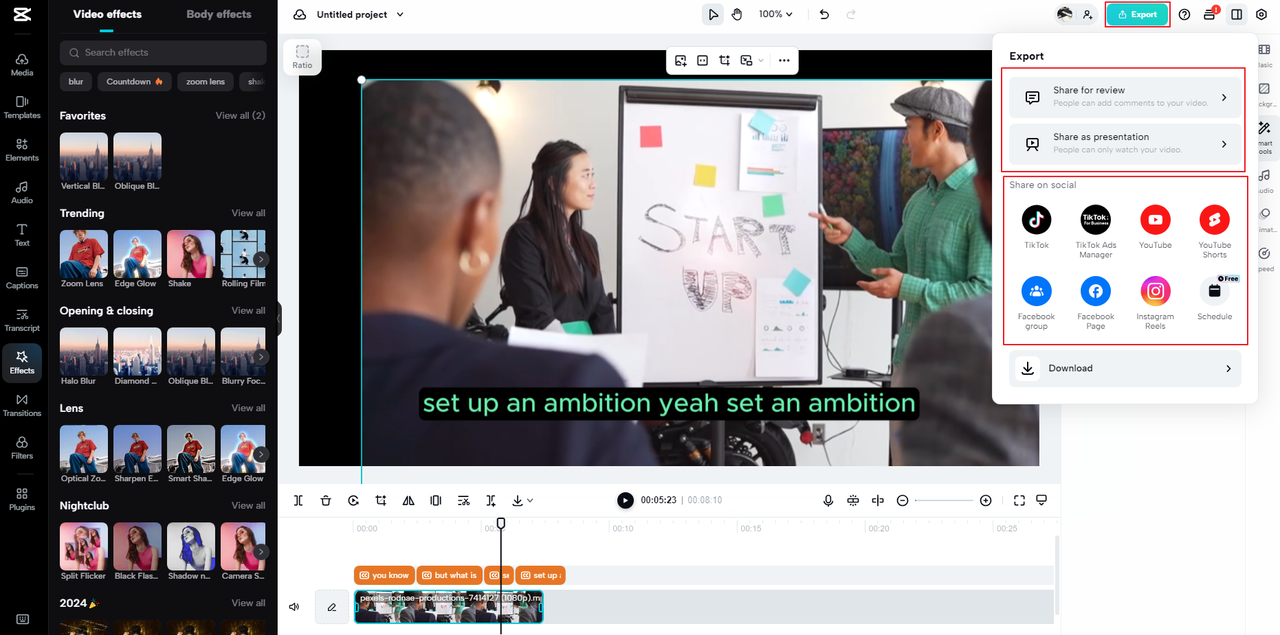 how to share a video for review, as a presentation, or on social media via the CapCut online video editor