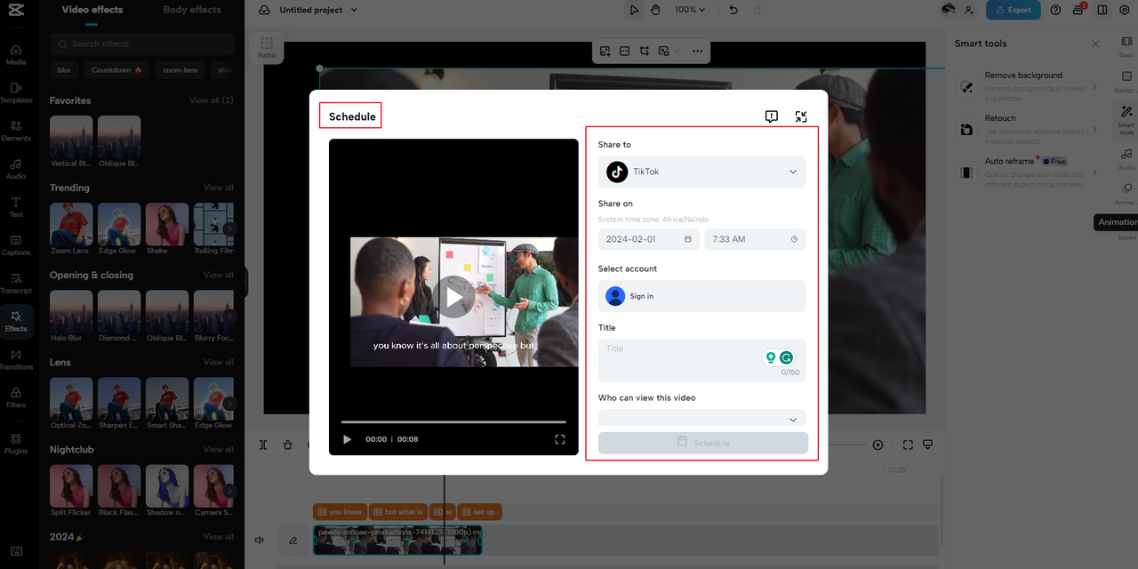 how to schedule sharing a post on social media via the CapCut online video editor