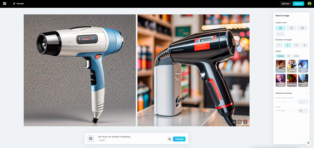 CapCut text to image generator for product images