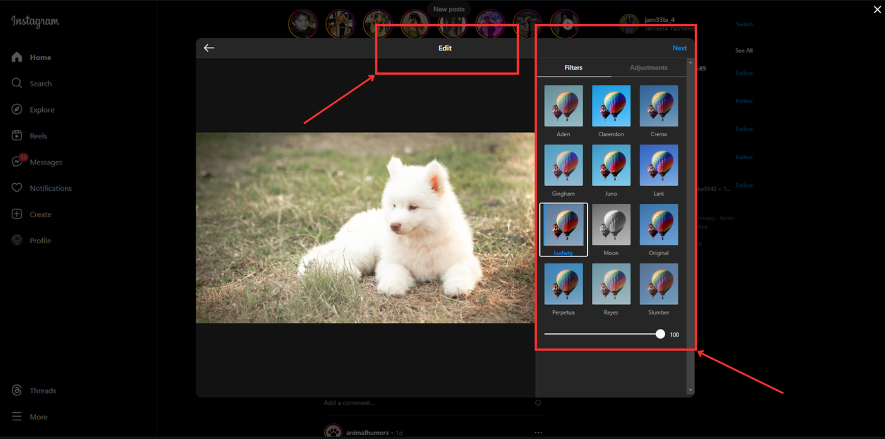 Instagram's edit interface, in this interface you can find filters and adjustment options