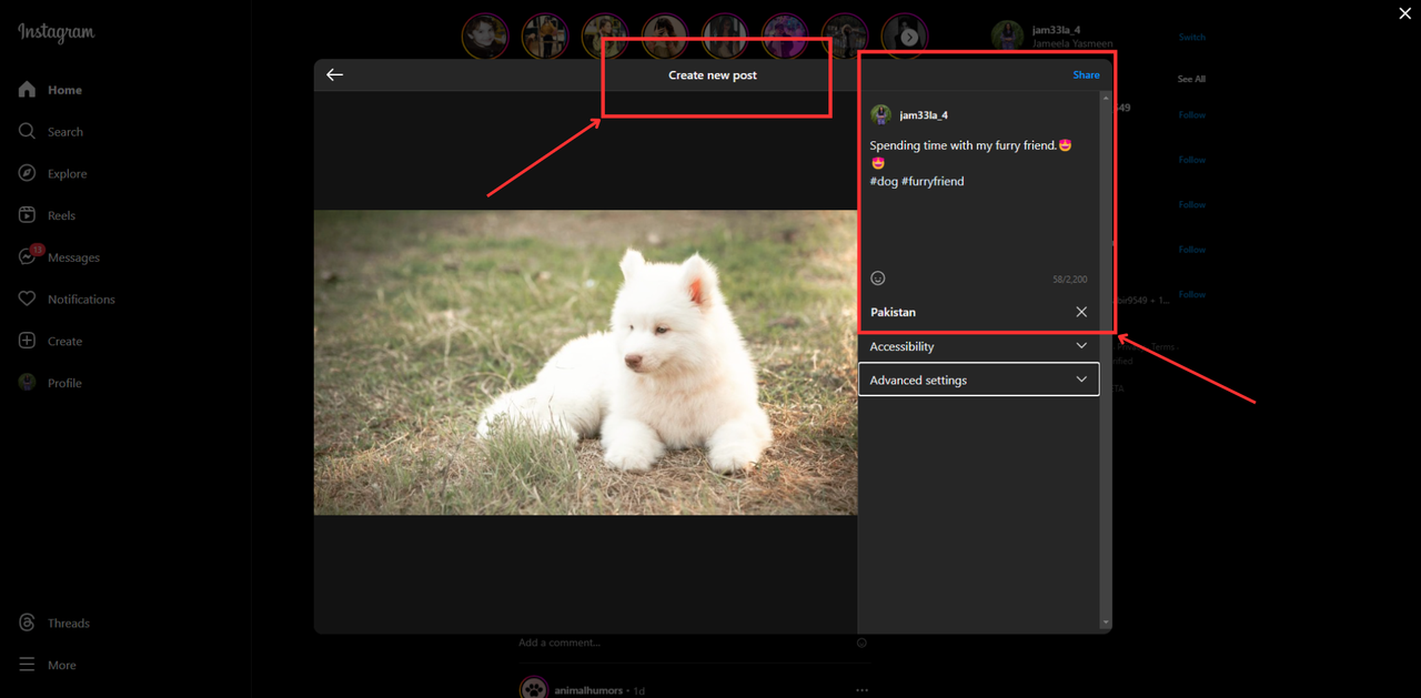 Create new post interface of Insatagram showing caption, hashtags and location 