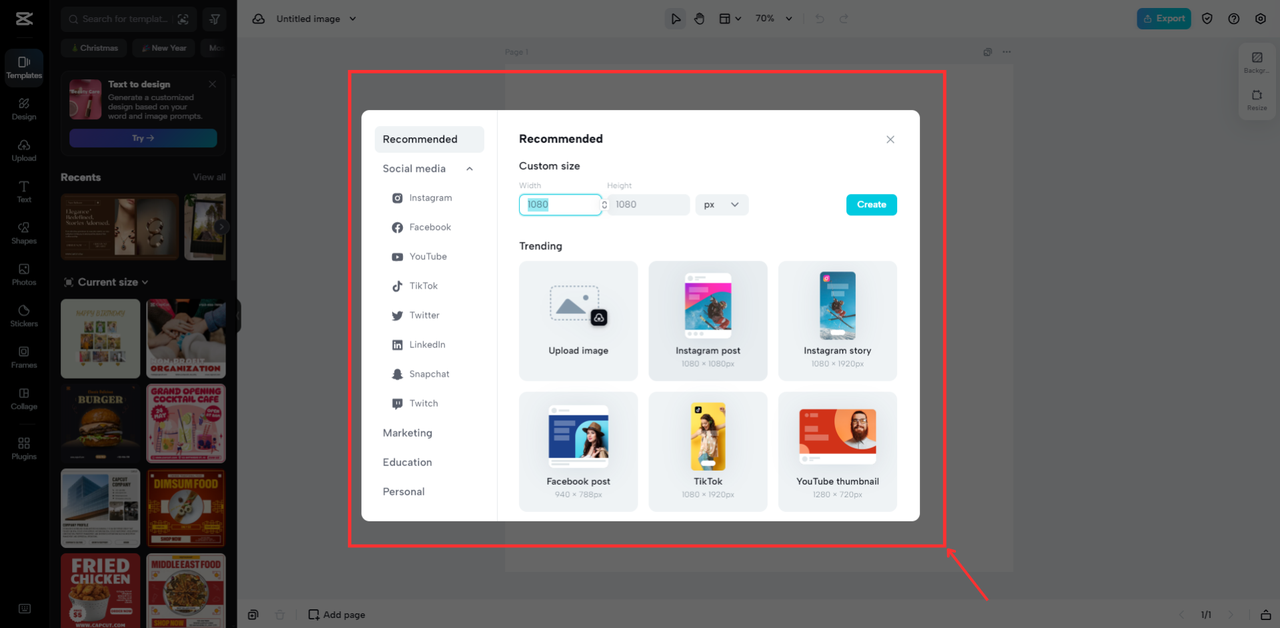 CapCut Online's canvas dimensions interface