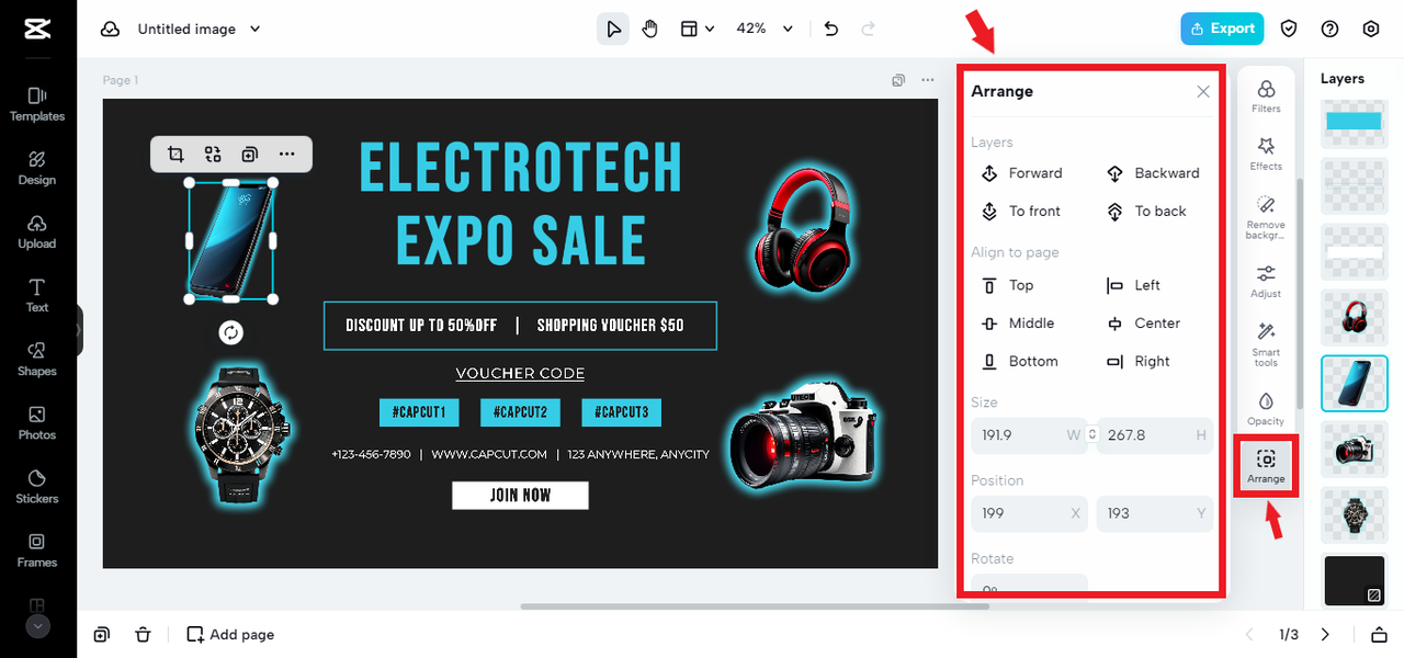 Arrange feature in CapCut online